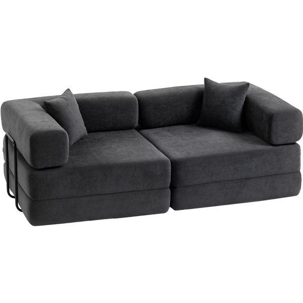 Homcom Canapé Convertible 2 Places, Canapé-Lit En Chenille 198 Cm, Assise Et Accoudoirs Larges, 2 Coussins, Gris Foncé-image