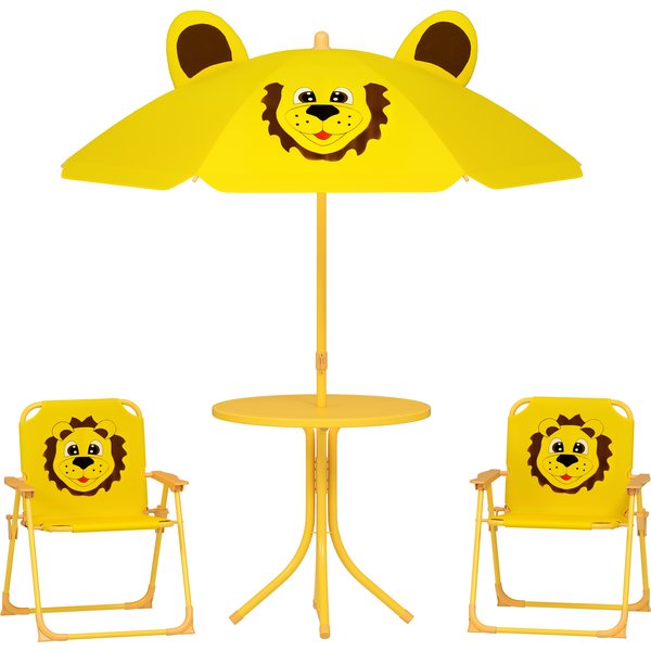 AIYAPLAY 4 tlg. Kindersitzgruppe Garten Kindersitzgarnitur mit höhenverstellbarem Sonnenschirm, Gartentisch, 2 Klappstühle, Löwen-Design für 2-5 Jahre Kinder, Gelb Aosom