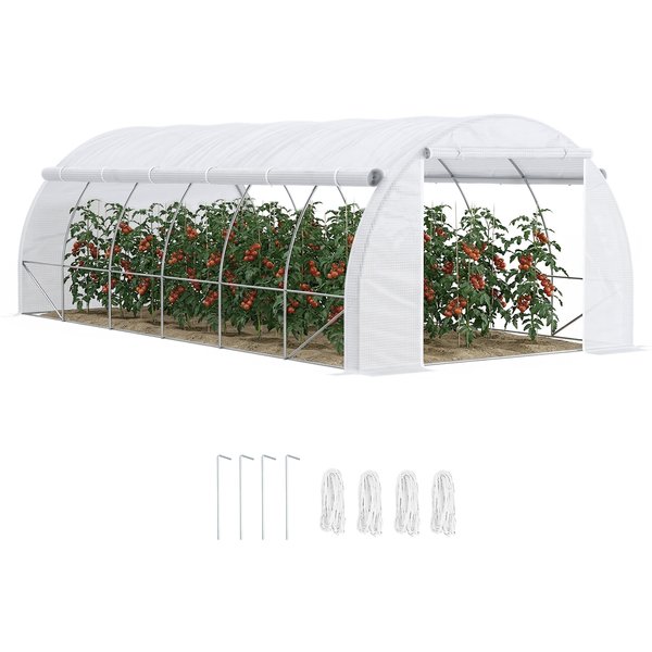 Outsunny Serre De Jardin Serre Tunnel 18 M² Dim. 6L X 3L X 2H M - 12 FenêTres, Porte ZippéE Enroulable Blanc-image