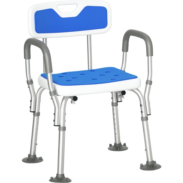 HOMCOM Shower Stools Shower Seat, EVA Padded, Height Adjustable with Back and Arms, 4 Suction Foot Pads, Blue Aosom UK