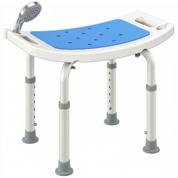 HOMCOM 6-Level Height Adjustable Aluminium Bath Room Stool Chair Shower Non-Slip Design w/ Padded Seat Drainiage Holes Foot Pad - Blue Aosom UK