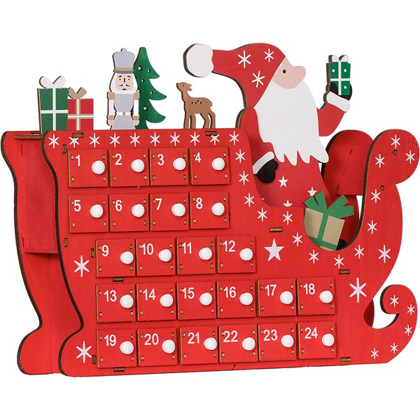 Homcom Calendrier De L'avent à Remplir En Bois, DéCoration De NoëL Avec 24 Tiroirs, PèRe NoëL Et TraîNeau, 22,5X8X36Cm, Rouge-image