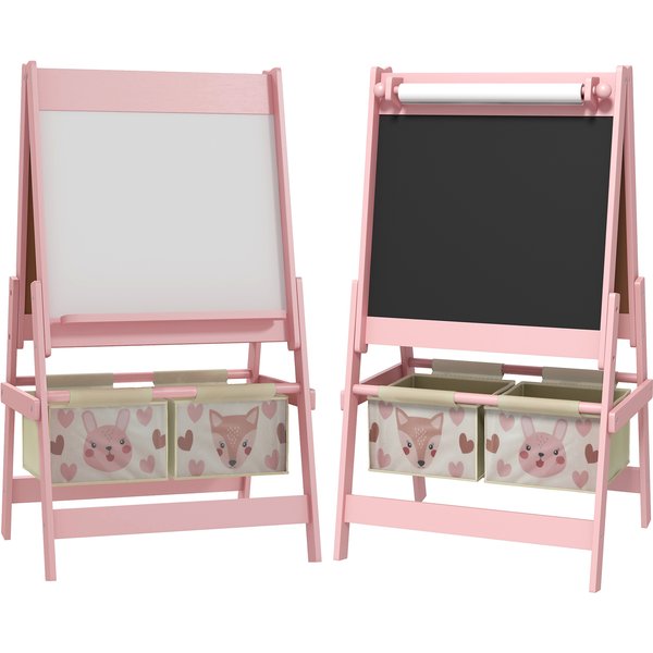 AIYAPLAY Kindertafel, 3 in 1 Kinder Staffelei, Standtafel mit Papierrolle, Aufbewahrungskörbe, Whiteboard, 54 x 46,5 x 93 cm, rosa Aosom