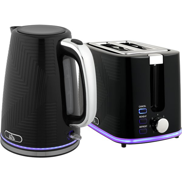 HOMCOM Wasserkocher Toaster Set Edelstahl 1,7L Wasserkocher 2 Scheiben Toaster 2200W Frühstücksset mit Otter-Thermostat, 7 Bräunungsstufen, Auftauen, Aufwärmen, Krümelfach, Kalkfilter Schwarz Aosom