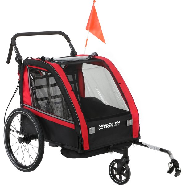 Aiyaplay Remorque VéLo Enfant 2 En 1, Poussette VéLo BéBé 2 Places, Guidon RéGlable, Frein à Main, Ceinture De SéCurité, Rouge-image