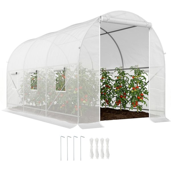 Outsunny Serre De Jardin Tunnel Surface Sol 7 M² 3,5L X 2L X 2H M ChâSsis Tubulaire Renforcé 18 Mm 6 FenêTres Blanc-image