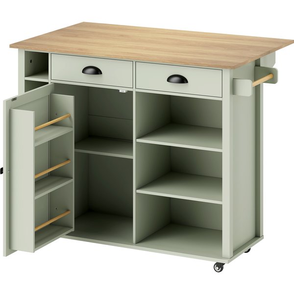 Homcom ÎLot Central Cuisine Avec Plateau Pliant, Desserte De Cuisine Sur Roulettes Avec 2 Tiroirs, Porte-Serviettes, Vert-image