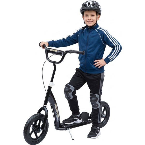 Homcom Trottinette Patinette Pneus 30 Cm Hauteur Guidon RéGlable PoignéE Frein Et BéQuille Acier Noir-image