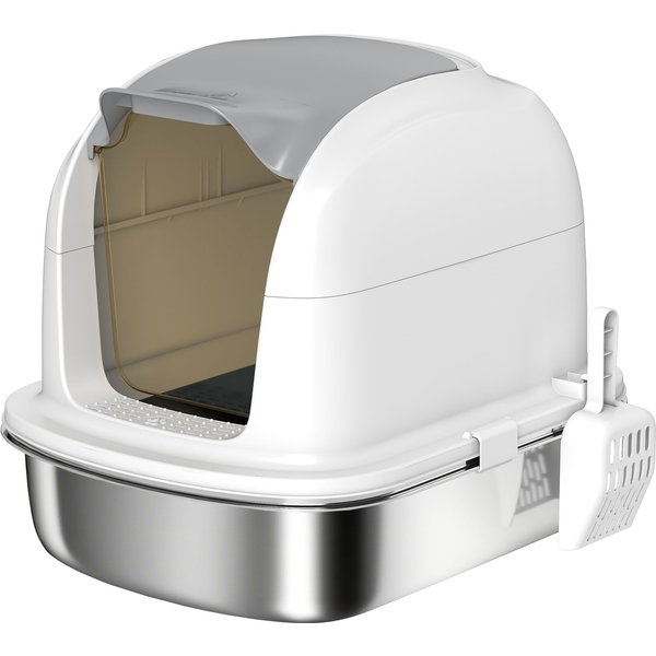 Pawhut LitièRe En Acier Inoxydable Avec Couvercle, Bac à LitièRe Avec Bac, Pelle à LitièRe, Pour Chats De Moins De 5 Kg, 52,4 X 41,3 X 42 Cm, Blanc-image