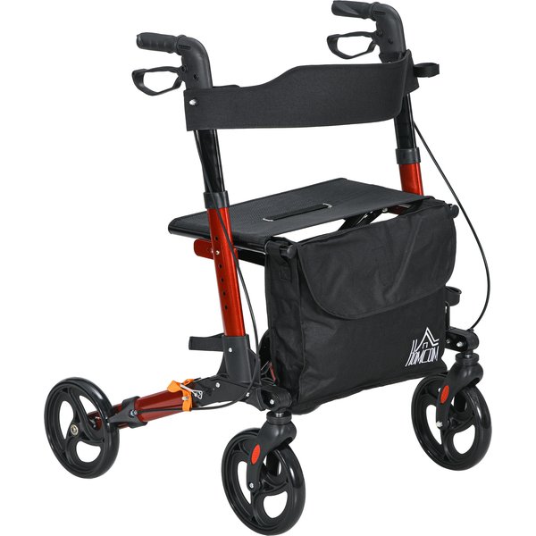 Homcom DéAmbulateur Pour Personnes âGéEs Pliable En Aluminium Avec SièGe 4 Roues Hauteur RéGlable Freins à Manette Rouge Et Noir-image