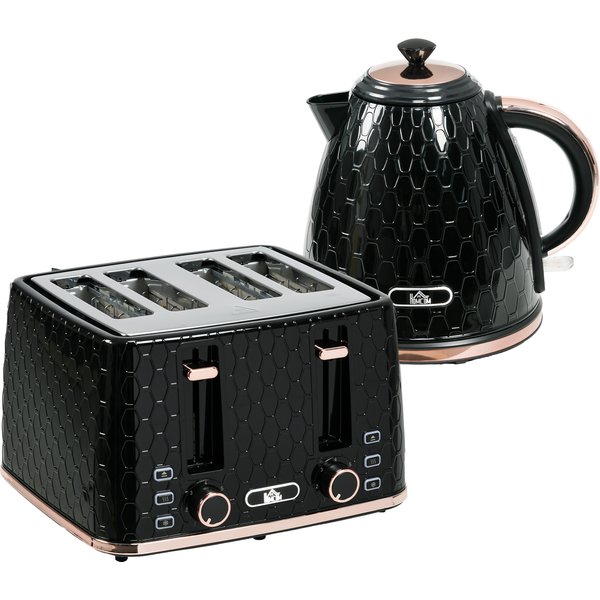 HOMCOM Wasserkocher Toaster Set 1,7L Wasserkocher 4 Toastscheiben Frühstücksset mit 7 Bräunungsstufen, automatischer Abschaltung, Auftau- & Aufwärmfunktion und Krümelfach, Schwarz Aosom