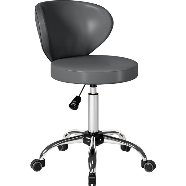Homcom Tabouret à Roulettes, Tabouret De Massage En Pu Avec Hauteur RéGlable 73-88 Cm Et Dossier, Pivotant 360°, Gris-image