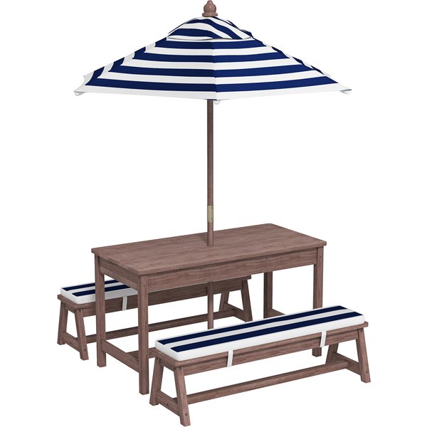 Aiyaplay Ensemble Salon De Jardin ExtéRieur Enfant Avec Coussins Et Parasol Amovible, Rayé Bleu Marine Et Blanc-image
