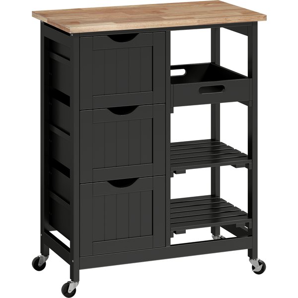 HOMCOM Rolling Kitchen Island Cart, Bar Serving Cart, Compact Trolley on Wheels with Wood Top, Shelves & Drawers for Home Dining Area, Black