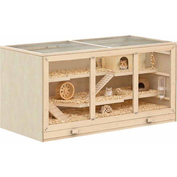 Pawhut Cage à Hamster Cage Gerbilles 2 Niveaux Toit Ouvrable FenêTres Cabane 2 éChelle, 115 X 57 X 55 Cm, Effet Bois Naturel-image