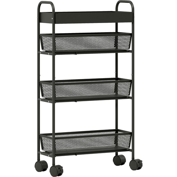 Homcom Chariot De Rangement à 4 Niveaux, Desserte à Roulettes, 3 Paniers Coulissants, Panier SupéRieur 19 X 43,2 X 80 Cm Noir-image