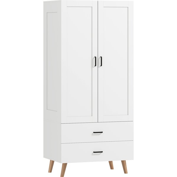 Homcom Armoire Chambre Penderie 2 Portes à Fermeture Douce, 2 Tiroirs Et Barre De Suspension, 80X54X180Cm, Blanc-image