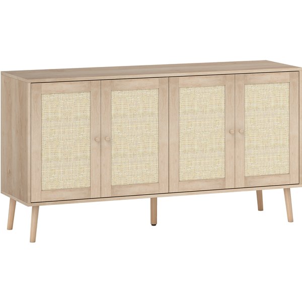 Homcom Buffet Salon Meuble De Rangement Placards à Portes En Cannage Et éTagèRe RéGlable 140 X 40 X 75 Cm Effet Bois Naturel-image