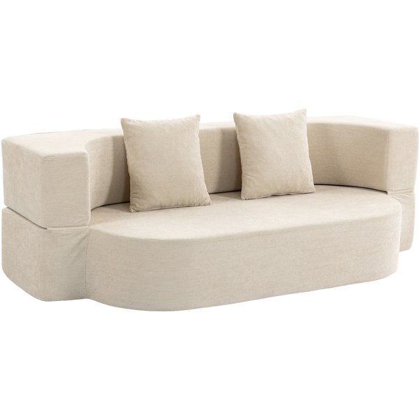 Homcom Canapé Convertible 2 Places, Canapé-Lit En Chenille 190Cm, Dossier Rabattable, Assise Et Accoudoirs Larges, Beige-image