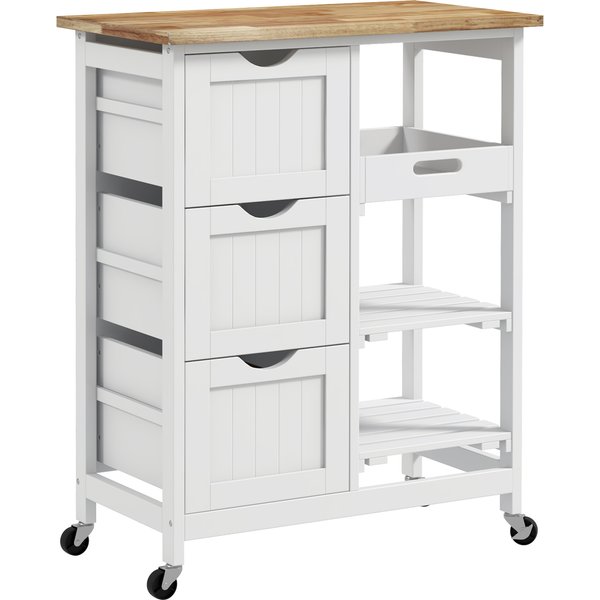 Homcom Chariot Desserte De Cuisine à Roulettes Plan De Travail En Bois 3 Tiroirs + 1 Plateau Amovible 67 X 37 X 85,5 Cm Blanc-image