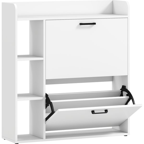 Homcom Meuble à Chaussures Slim Avec 2 Tiroirs Basculants Et 3 Compartiments Ouverts, Capacité 15 Chaussures, 83X24X90,5 Cm, Blanc-image