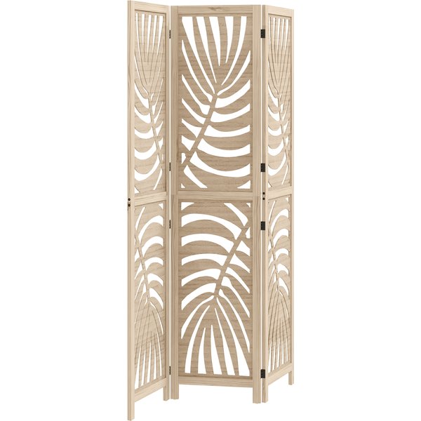 Homcom Paravent Interieur En Bois 3 Panneaux 120 X 170 Cm, Pliable Et Portable, Motif De Feuille, Design Amovible, Bois Naturel-image