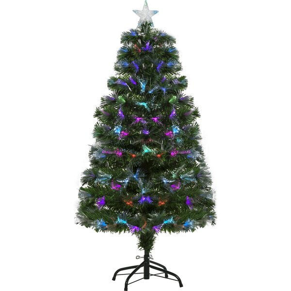Homcom Sapin De NoëL Sapin Artificiel Lumineux Fibre Optique LED Multicolore + Support Pied Ø 66 X 120H Cm 130 Branches éToile Sommet Brillante Vert-image