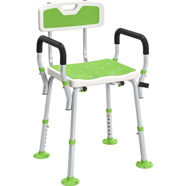 Homcom Tabouret De Douche Chaise De Douche Ergonomique Hauteur RéGlable Pieds AntidéRapants 56,5 X 53,5 X 87 Cm Blanc Et Vert-image