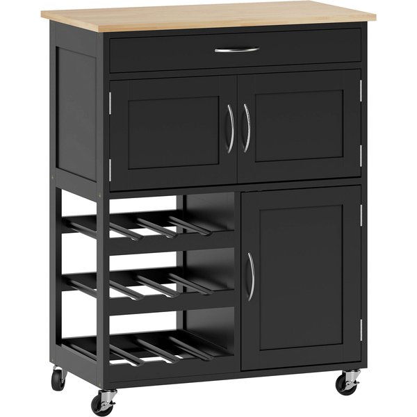 HOMCOM Modern Kitchen Trolley, Rolling Island Storage Cart with Drawer, 9-bottle Wine Rack, Door Cabinets, Black