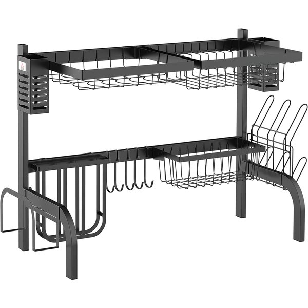 HOMCOM Abtropfgestell Geschirr, 2-stufiges Abtropfständer mit Haken, Tellerregal, Zubehör, 65 cm Abtropfgitter Gestell für Küchenspüle, Stahl, Schwarz Aosom