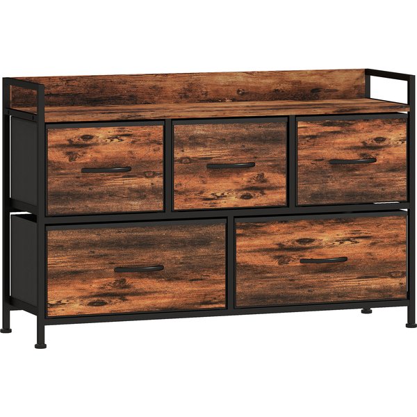 Homcom Commode, Meuble De Rangement Avec 5 Tiroirs En Tissu Pliables, Plateau Et Cadre En Acier, 98 X 29 X 63 Cm, Brun Rustique-image