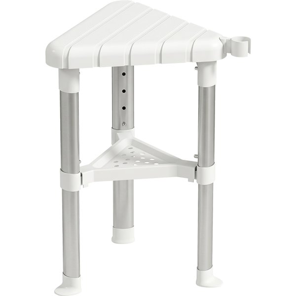 HOMCOM Shower Stool, Aluminium Alloy Corner Shower Chair with Storage Shelf and HDPE Seat, Adjustable Height, White