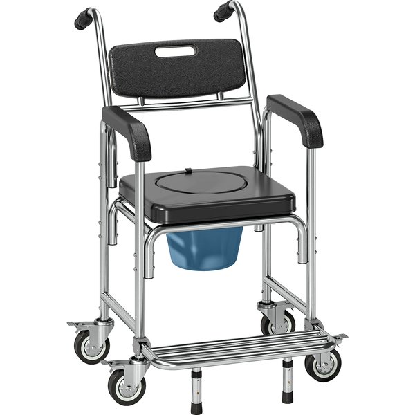 HOMCOM Transport Beside Shower Chair, 3-in-1 Commode Chair with Wheels and Padded Seat, Black