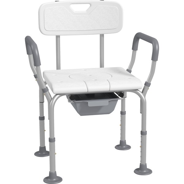 HOMCOM Height Adjustable Shower Stool with Arms and Back, Non-Slip Bedside Commode, Detachable Bucket, White Aosom UK