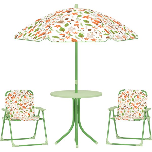 AIYAPLAY 4 Pieces Kids Garden Table and Chair Set with Adjustable Parasol, Folding Chairs, Table, Fox Pattern, Green