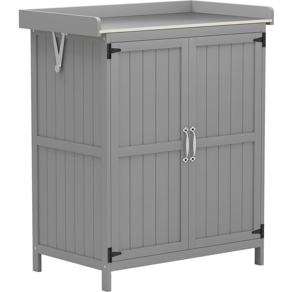 Outsunny Armoire De Jardin En Bois Abri De Jardin Avec 2 Portes, Toit à CharnièRes Et éTagèRe, 74 X 43 X 88 Cm, Gris-image
