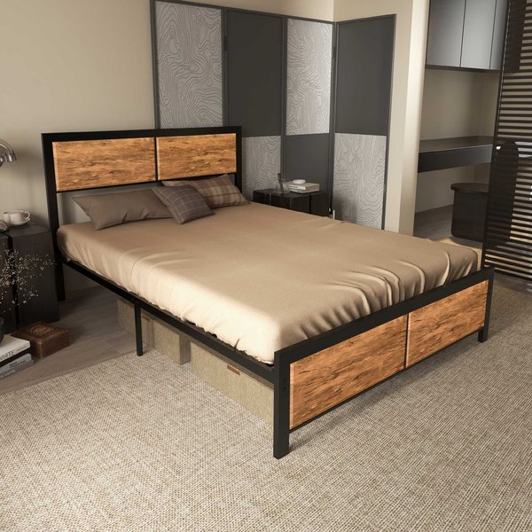 HOMCOM Industrial Double Bed Frame, 5FT Steel Bed Base w/ Headboard, Footboard, Slatted Support & Under Bed Storage, 147 x 197cm, Brown Aosom UK
