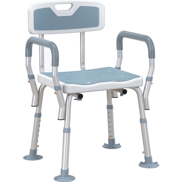 HOMCOM EVA Padded Bath Stool with Back and Arms, 4 Suction Foot Pads, Height Adjustable Shower Chair, Light Blue Aosom UK
