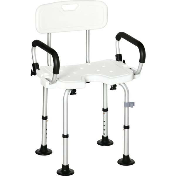 HOMCOM Shower Chair for the Elderly and Disabled, Height Adjustable Shower Stool with Back and Flipped Padded Arms, Suction Foot Pads, White
