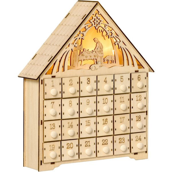 Homcom Calendrier De L'avent à Remplir En Bois, DéCoration De NoëL Avec 24 Tiroirs Et 5 LumièRes Led, 26,6X6X30Cm, Bois Naturel-image