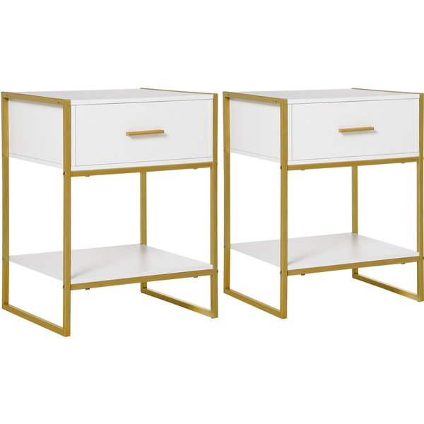 HOMCOM Bedside Table Set of 2, Modern Side Tables with Drawer and Shelf, Nightstands for Bedroom, White