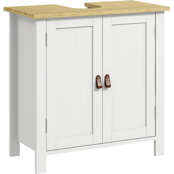 Kleankin Meuble Sous Lavabo 2 Portes éTagèRe RéGlable 2 éTages à L'intéRieure PoignéEs En Pu 60 X 30 X 60 Cm Blanc-image