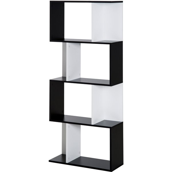 HOMCOM Bücherregal S-förmiges Standregal Lagerregal 4-stufige Vitrine mit Hardware-Schnalle moderner Raumteiler Spanplatte Schwarz+Weiß Aosom
