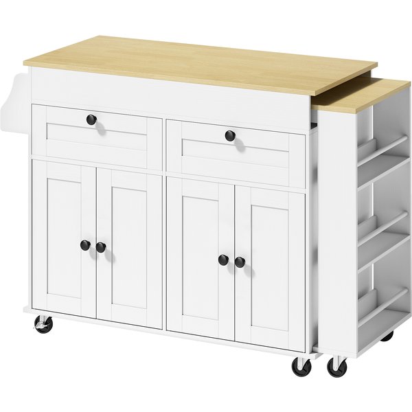 Homcom îLot Central Cuisine Avec Plateau Extensible, Desserte De Cuisine Sur Roulettes Avec 2 Tiroirs, 4 Portes, Blanc-image