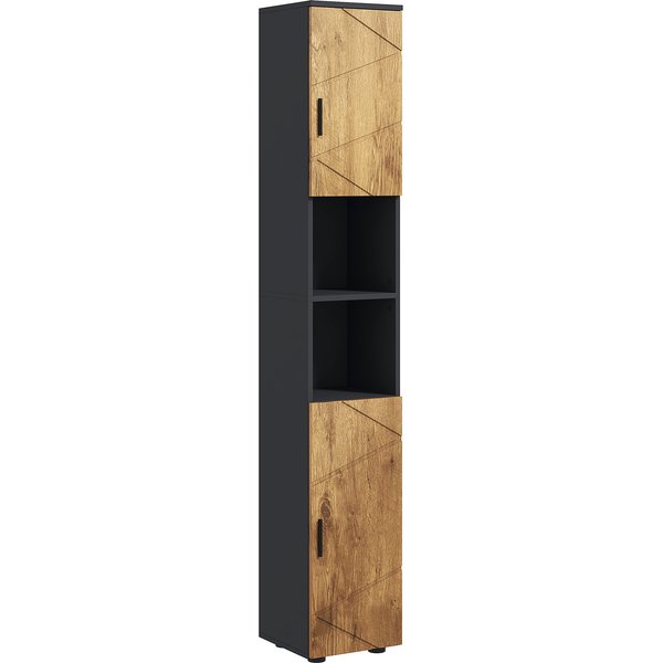 Kleankin Meuble Colonne Armoire Rangement Salle De Bain 2 Portes éTagèRe RéGlable 2 Niches 30 X 30 X 183 Cm ChêNe Gris Foncé-image