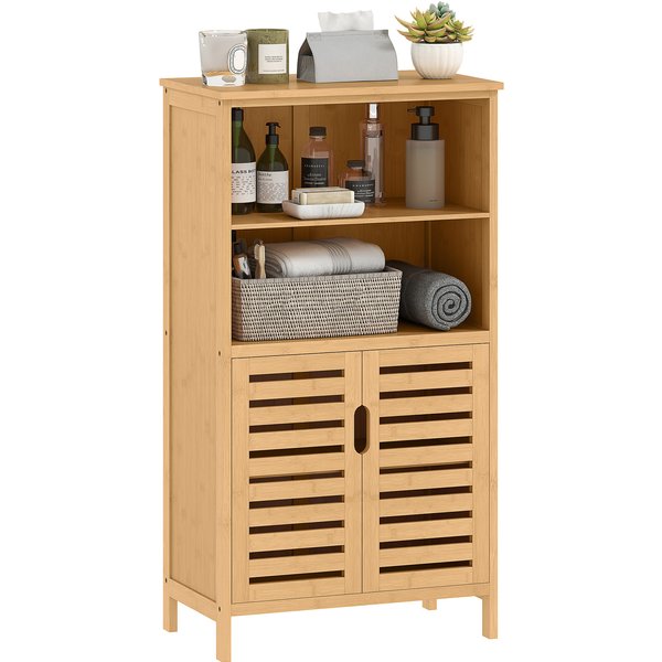 Kleankin Meuble De Rangement Salle De Bain En Bambou Avec 2 Portes AjouréEs Et 2 Compartiments 50 X 29 X 92 Cm Naturel-image
