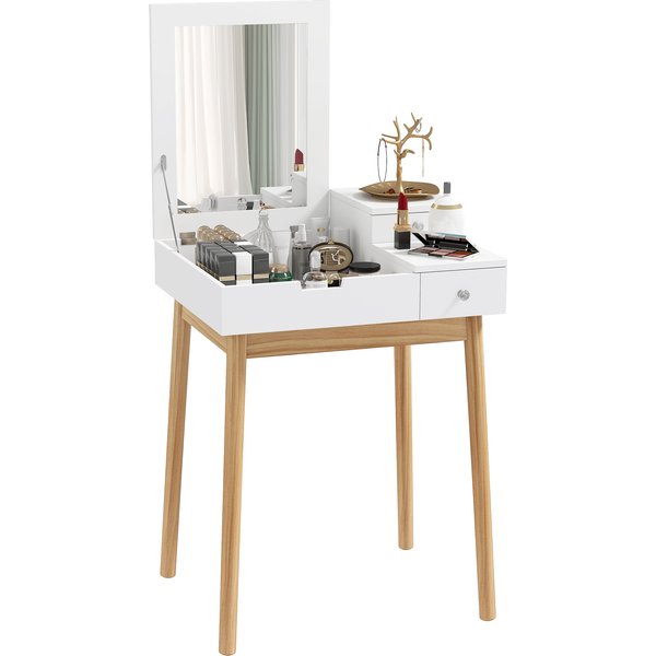 Homcom Coiffeuse Design Scandinave Table De Maquillage Multi-Rangements Miroir Pliable 60L X 50L X 86H Cm Pin Et Mdf Blanc-image