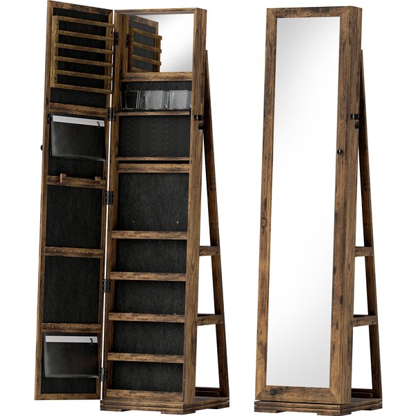 HOMCOM 360° Swivel Jewellery Cabinet, Mirror Armoire, Full Length Mirror, Lockable Jewellery Organiser with Built-In Small Mirror, Rustic Brown