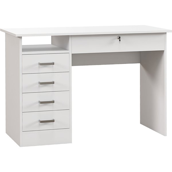 Homcom Bureau Moderne Avec 5 Tiroirs, Grand Plateau, 1 Compartiment Ouvert, Tiroir Verrouillable, 110 X 50 X 76Cm, Blanc-image