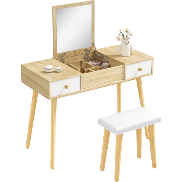 Homcom Ensemble De Coiffeuse Avec Tabouret Miroir Rabattable Style Scandinave 2 Tiroirs 100 X 45 X 118 Cm Naturel Et Blanc-image